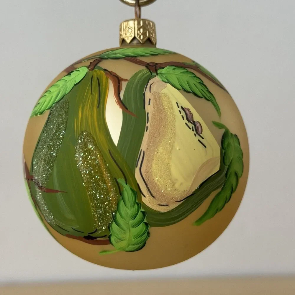 Vtg Christmas Ornament Hand Painted Pear Fruit Gold Glitter Sugared Frosted Gold